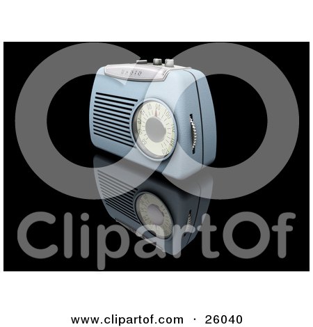 Clipart Illustration of a Retro Blue Radio With A Station Dial, On A Reflective Black Surface by KJ Pargeter