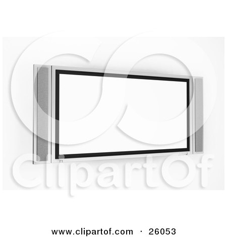 Clipart Illustration of a Wall Hung Plasma Television With A Blank White Screen by KJ Pargeter
