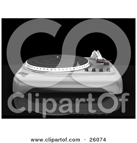 Clipart Illustration of a Chrome Turntable With The Needle Resting To The Side, On A Black Reflective Surface by KJ Pargeter