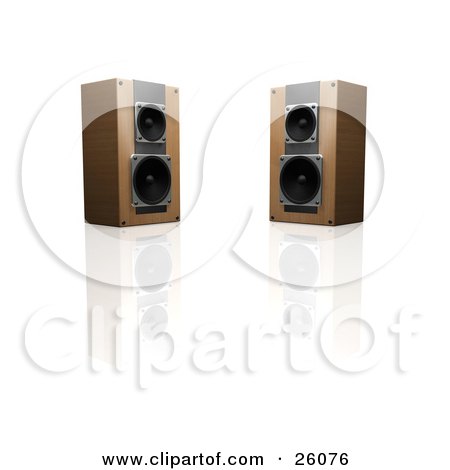 Clipart Illustration of Two Wooden Stereo Speakers Facing Slightly Towards Each Other, On A Reflective White Surface by KJ Pargeter
