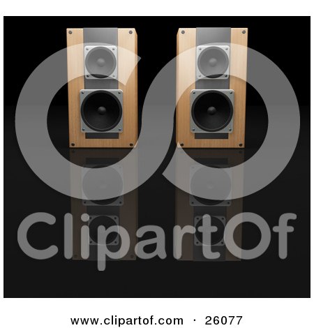 Clipart Illustration of a Pair Of Wooden Radio Speakers Side By Side, Facing Front, On A Reflective Black Surface by KJ Pargeter