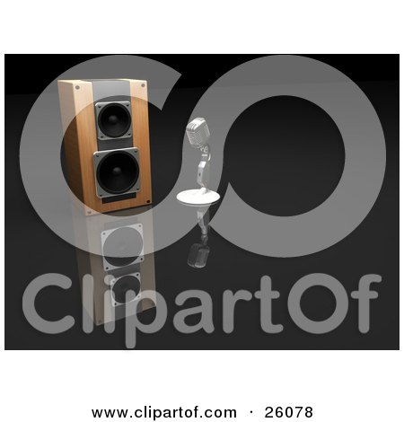 Clipart Illustration of a Chrome Retro Microphone Beside A Speaker On A Reflective Surface by KJ Pargeter