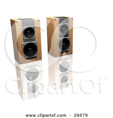 Clipart Illustration of a Pair Of Wooden Stereo Speakers Side By Side On A Reflective White Surface by KJ Pargeter