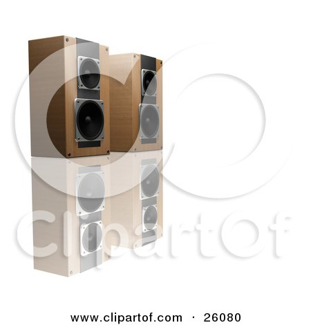 Clipart Illustration of a Pair Of Wood Speakers Side By Side, Facing Right, On A Reflective White Surface by KJ Pargeter