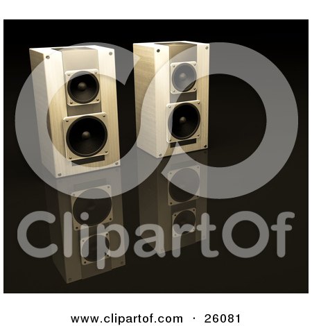 Clipart Illustration of Two Stero System Speakers Side By Side On A Reflective Black Surface, Facing Slightly Right by KJ Pargeter