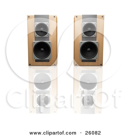 Clipart Illustration of a Pair Of Wooden Radio Speakers Side By Side, Facing Front, On A Reflective White Surface by KJ Pargeter