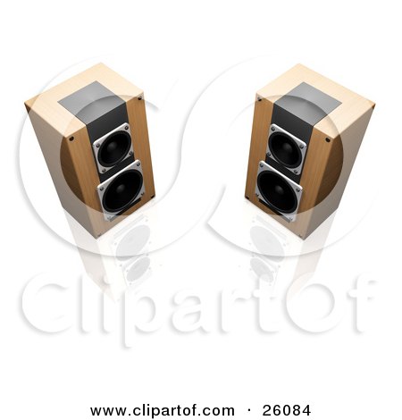 Clipart Illustration of Two Wood Radio Speakers Facing Slightly Towards Each Other, On A Reflective White Surface by KJ Pargeter