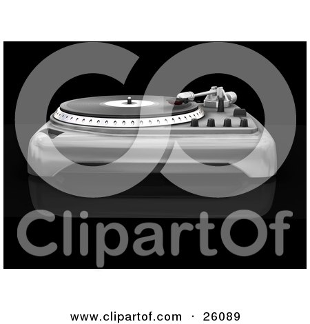 Clipart Illustration of a Retro Record Player Turntable Playing A Song, On A Reflective Black Background by KJ Pargeter
