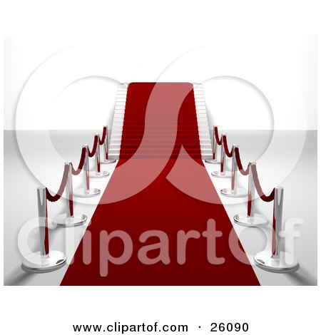 Clipart Illustration of a Red Carpet Leading Forward And Up A Flight Of Stairs, Lined With Silver Posts by KJ Pargeter