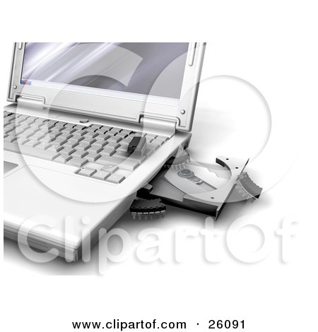 Clipart Illustration of Little Microchip Bug Viruses Crawling Out Of An Open Disc Drive On A Laptop Computer by KJ Pargeter