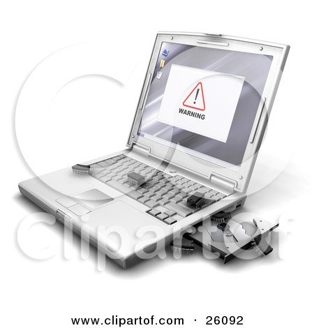 Clipart Illustration of a Warning Notice On A Laptop Screen, With Bug Like Microchips Crawling Out Of The Disc Drive Onto The Keyboard by KJ Pargeter