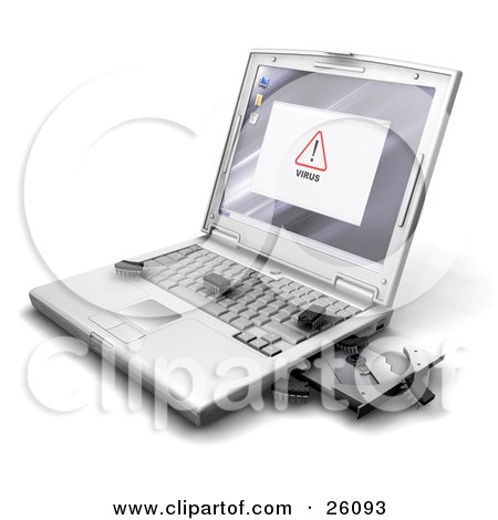 Clipart Illustration of a Virus Notice On A Laptop Screen, With Bug Like Microchips Crawling Out Of The Disc Drive Onto The Keyboard by KJ Pargeter