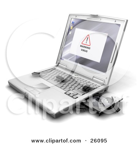 Clipart Illustration of Bug Like Microchips Crawling All Over A Computer Infected With A Virus And An Open Disc Drive by KJ Pargeter