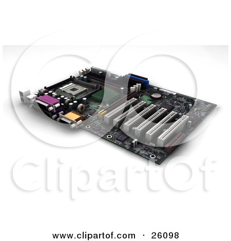 Clipart Illustration of a Computer Motherboard With Chips, Over White by KJ Pargeter