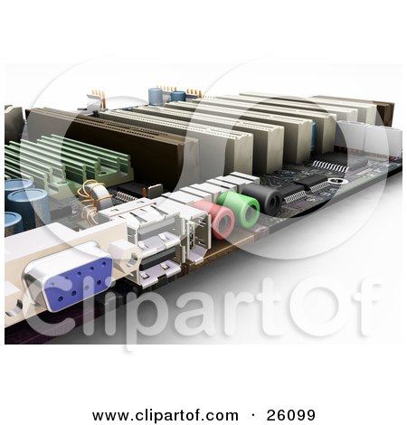 Clipart Illustration of a Complex Computer Motherboard With Chips And Ports, Over White by KJ Pargeter