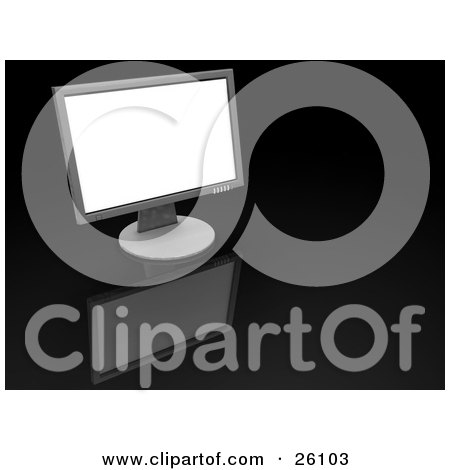Clipart Illustration of a Large Black Flat Computer Screen With A White Monitor, On A Reflective Black Background by KJ Pargeter