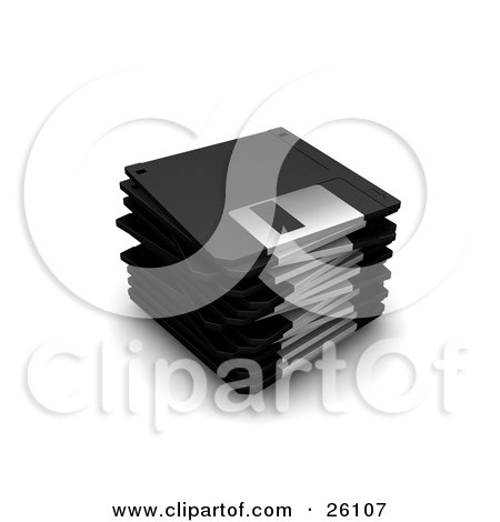 Clipart Illustration of a Stack Of Black Floppy Disc Drives, Over White by KJ Pargeter