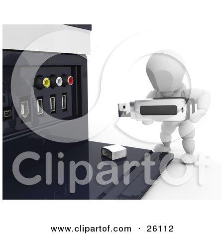 Clipart Illustration of a White Character Inserting A Memory Stick Into A USB Port Of A Computer Tower by KJ Pargeter