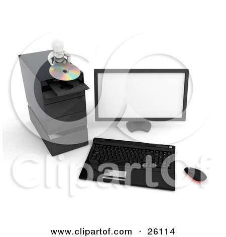 Clipart Illustration of a White Character Inserting A Cd Into A Disc Drive Of A Desktop Computer by KJ Pargeter
