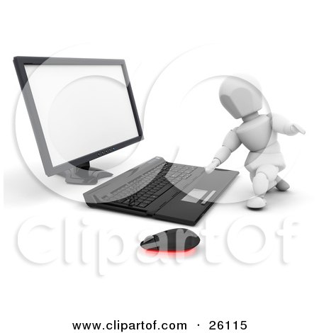 Clipart Illustration of a White Character Kneeling And Typing On A Computer Keyboard by KJ Pargeter