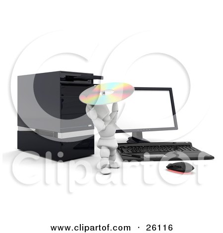 Clipart Illustration of a White Character Holding A Cd And Trying To Insert It Into A Drive Of A Computer Tower by KJ Pargeter