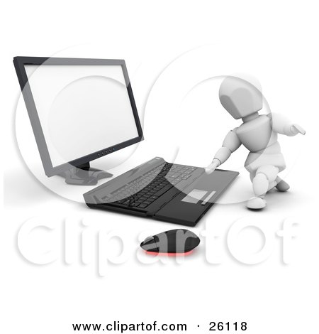 Clipart Illustration of a White Character Typing On A Black Computer Keyboard by KJ Pargeter