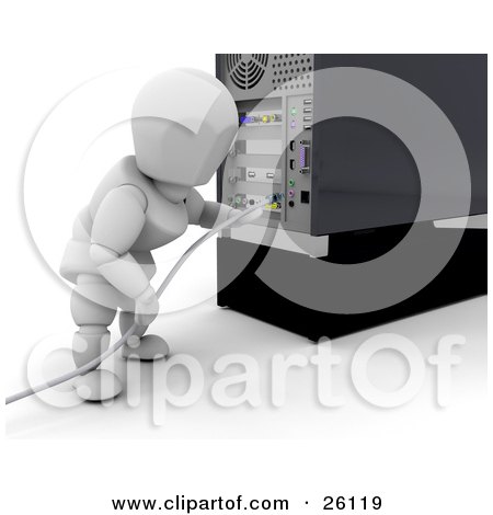 Clipart Illustration of a White Character Plugging In A White Cable To The Back Of A Computer Tower by KJ Pargeter