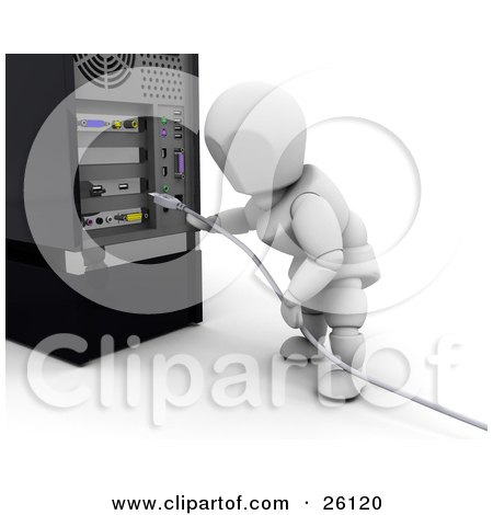 Clipart Illustration of a White Character Plugging In A USB Cable To A Computer Tower by KJ Pargeter