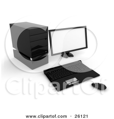 Clipart Illustration of a Black Desktop Computer Monitor, Keyboard, Mouse And Tower by KJ Pargeter