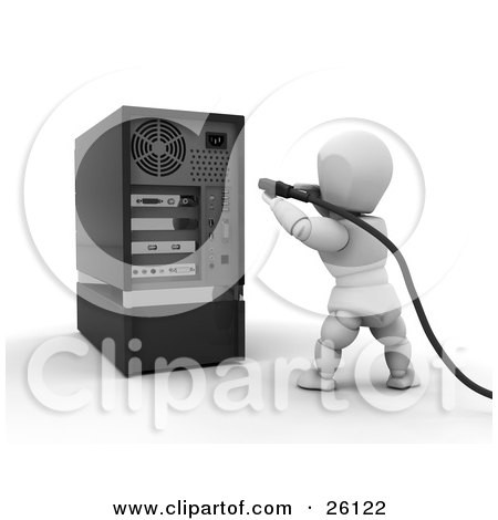 Clipart Illustration of a White Character Plugging The Power Cord Into The Back Of A Desktop Computer Tower by KJ Pargeter