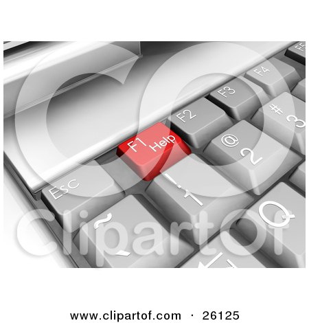 Clipart Illustration of a Closeup Of A Laptop Computer Keyboard With A Red F1 Help Key by KJ Pargeter
