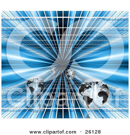 Clipart Illustration of Black And Transparent Globes Speeding Down A Virtual Blue Grid Vortex by KJ Pargeter