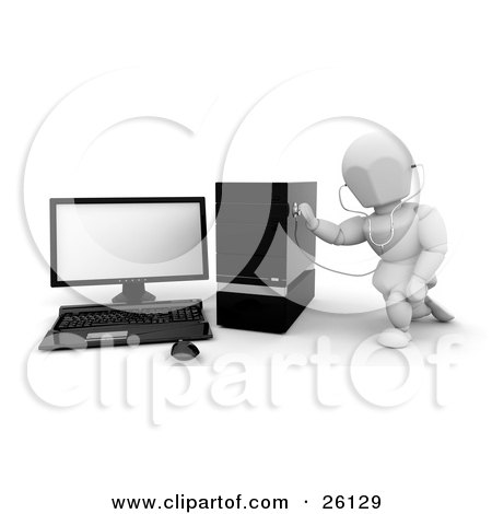 Clipart Illustration of a White Character Holding A Stethoscope Up To A Desktop Computer Tower by KJ Pargeter