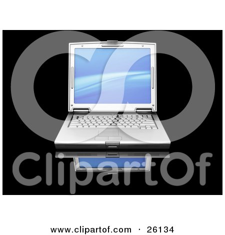 Clipart Illustration of a Frontal View Of A Silver Laptop Computer With A Blue Wave Screen Saver, On A Black Reflective Surface by KJ Pargeter