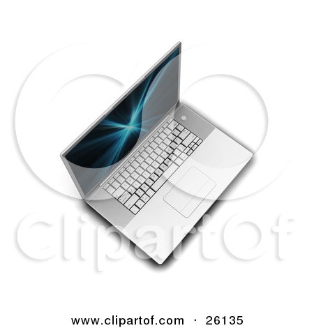 Clipart Illustration of an Aerial View Of A Silver Laptop Computer With A Blue And Black Fractal Screen Saver by KJ Pargeter