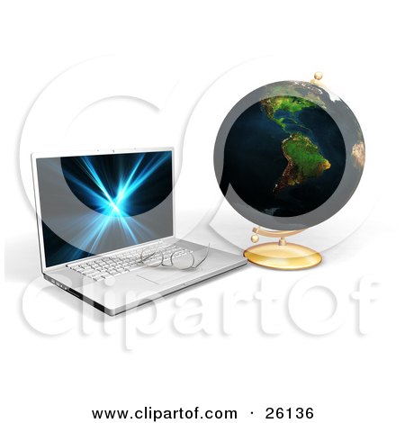 Clipart Illustration of a Pair Of Spectacles Resting On A Laptop Computer Next To A Globe by KJ Pargeter