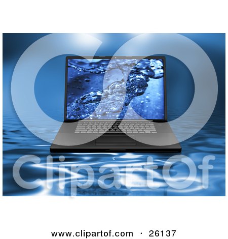 Clipart Illustration of a Black Laptop Computer With A Water Screen Saver, On A Blue Rippled Background by KJ Pargeter