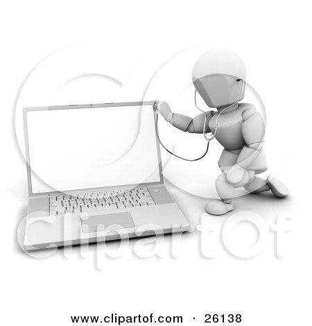 Clipart Illustration of a White Character Holding A Stethoscope To A Laptop, Over White by KJ Pargeter