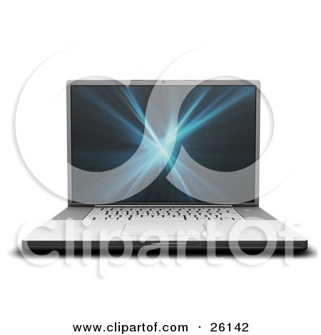 Clipart Illustration of a Frontal View Of A Silver Laptop Computer With A Blue And Black Fractal Screen Saver by KJ Pargeter