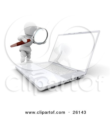 Clipart Illustration of a White Character Using A Magnifying Glass To Inspect A Laptop, Over White by KJ Pargeter
