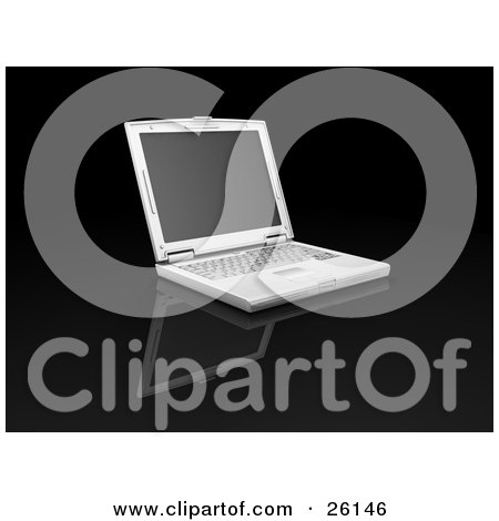 Clipart Illustration of a Silver Laptop Computer With A Blank Black Screen, Over Black by KJ Pargeter