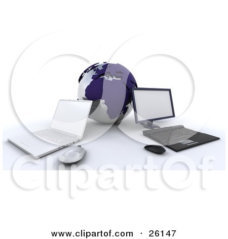 Clipart Illustration of a Laptop And Desktop Computer Up Against A Blue Globe, Symbolizing Networking by KJ Pargeter