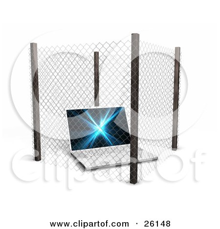 Clipart Illustration of a Laptop Computer Inside A Secure Fence by KJ Pargeter