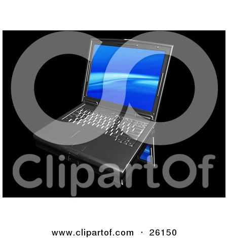 Clipart Illustration of a Black Notebook Computer With A Blue Wave Screen Saver, On A Reflective Surface by KJ Pargeter