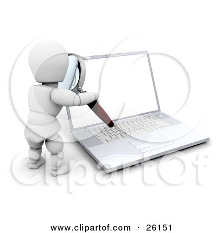 Clipart Illustration of a White Character Inspecting A Laptop Computer With A Magnifying Glass, Over White by KJ Pargeter