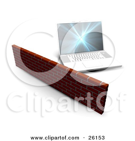 Clipart Illustration of a Laptop Computer Behind A Strong Brick Wall, Symbolizing Security by KJ Pargeter