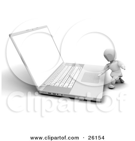 Clipart Illustration of a White Character Kneeling To Use A Laptop Computer by KJ Pargeter