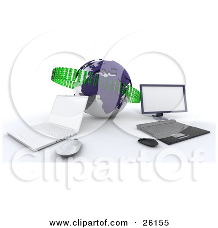 Clipart Illustration of a Laptop And Desktop Computer Up Against A Blue Globe With Green Binary Code, Symbolizing Networking by KJ Pargeter