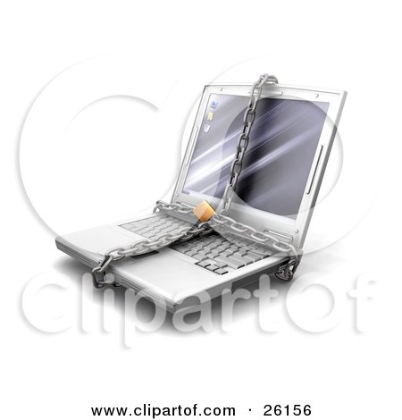 Clipart Illustration of a Gray Laptop Computer Locked In Chains by KJ Pargeter