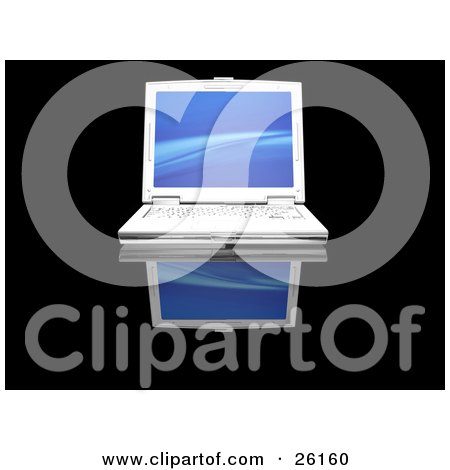 Clipart Illustration of a Frontal View Of A White Laptop Computer With A Blue Wave Screen Saver, On A Black Reflective Surface by KJ Pargeter